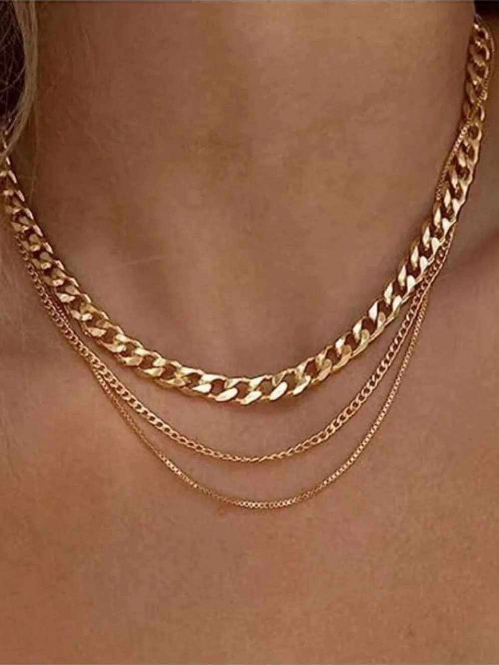Gold Plated Stainless Steel 3pc Chain Necklace Set